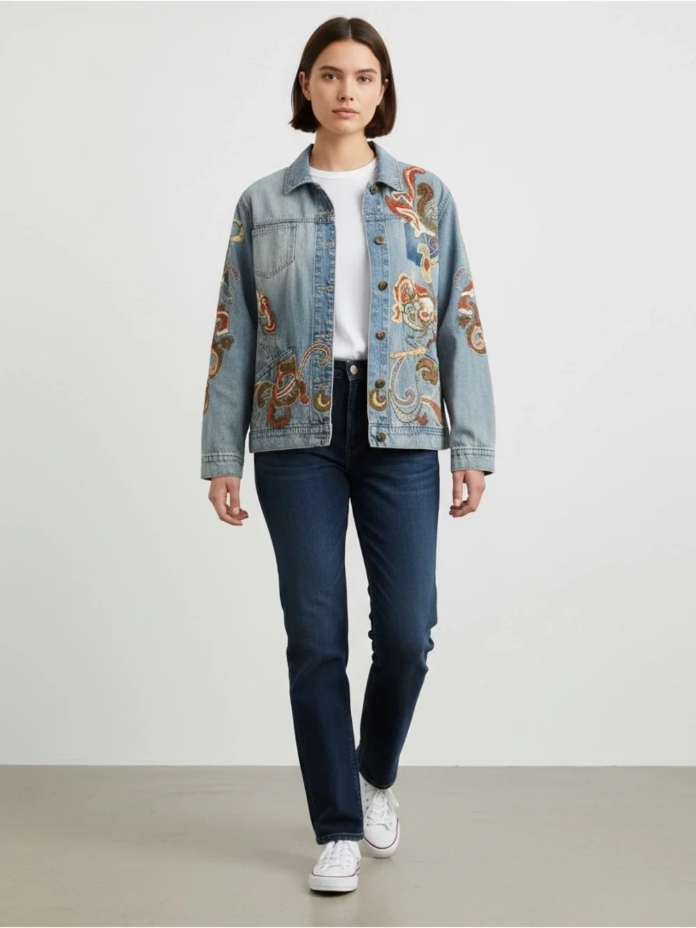 NWOT Boho Embroidered Denim Jacket Sm/Med - Picture 1 of 15